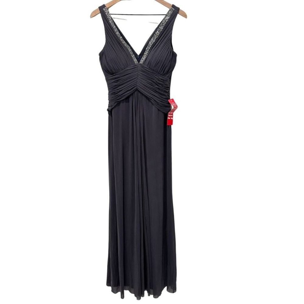 NWT Marina Sequined A-line V Neck Long Dress Gunmetal  8